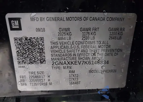 2019 Chevrolet Equinox Lt z USA, uszkodzony, nr VIN 2GNAXKEV7K6146834